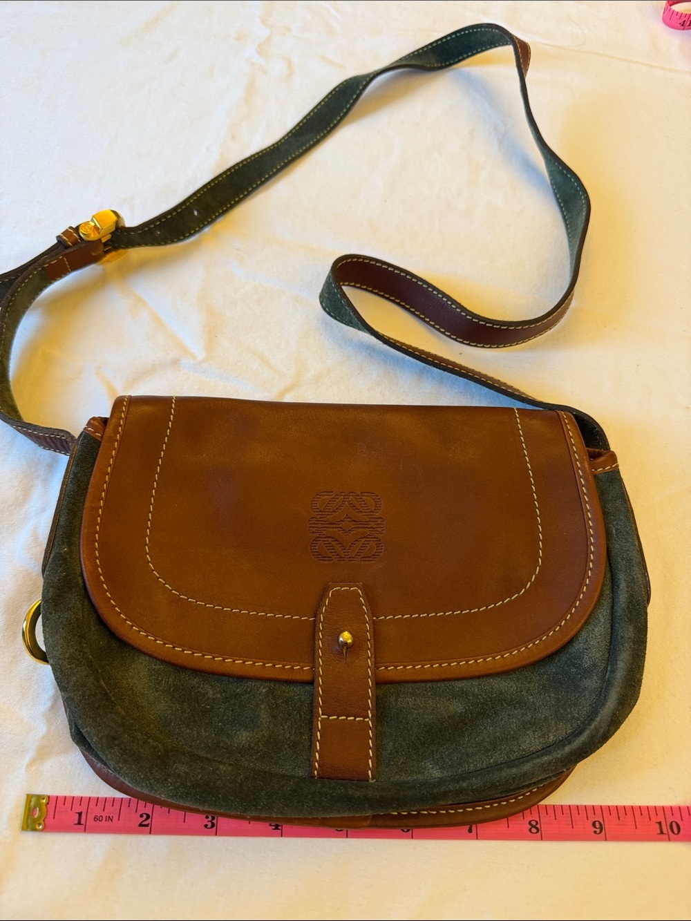 Loewe Brown Leather and Green Suede Crossbody